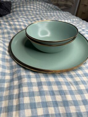 Mint Green Stoneware Dinnerware Set with Gold Trim